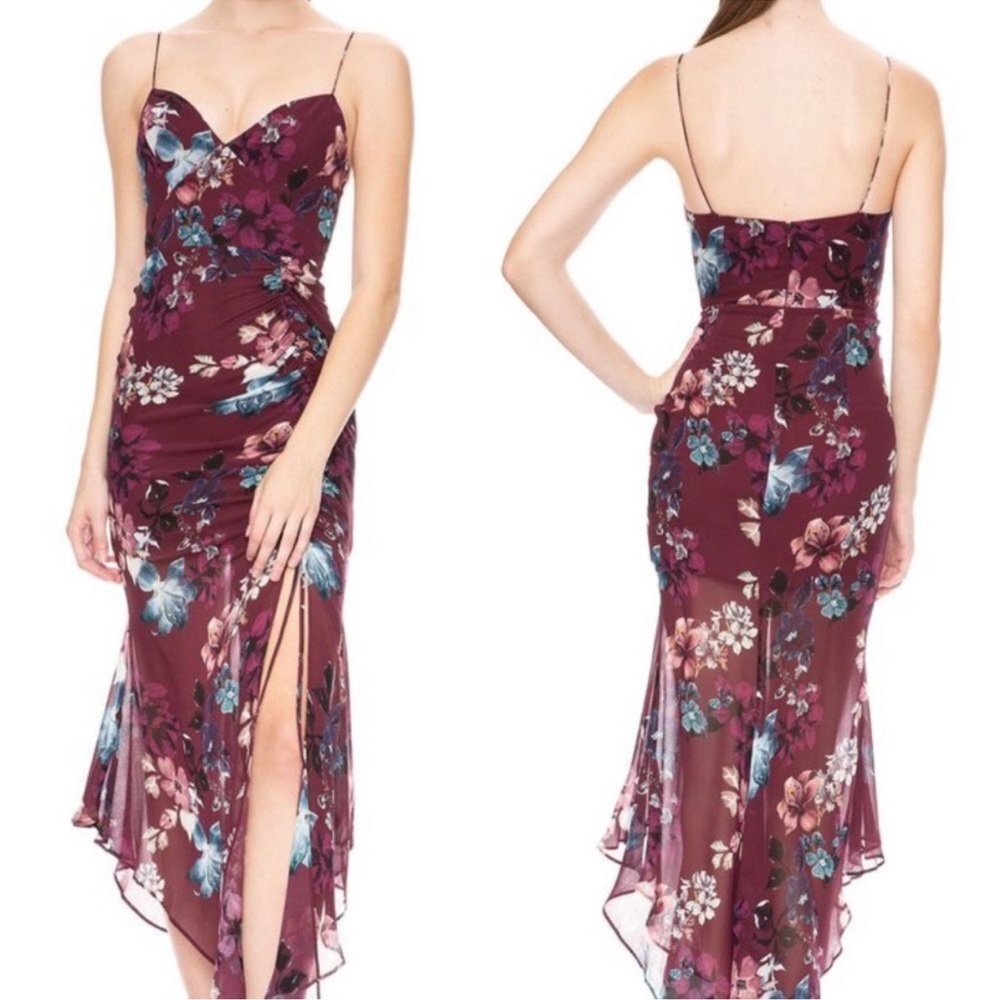 Nicholas Silk Floral Drawstring Dress in Burgundy